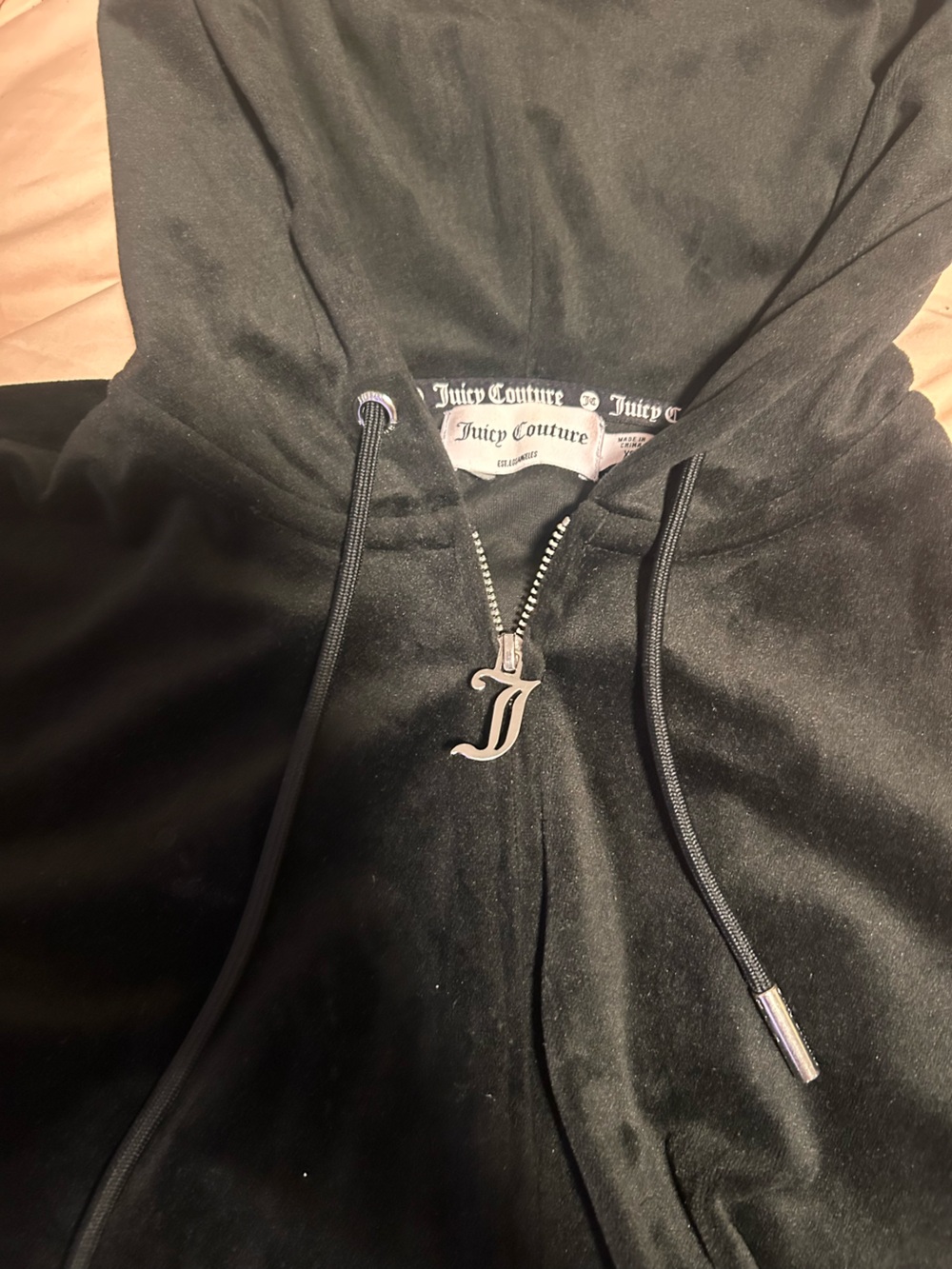 Juicy Couture Black Velour Zip Hoodie with J Charm